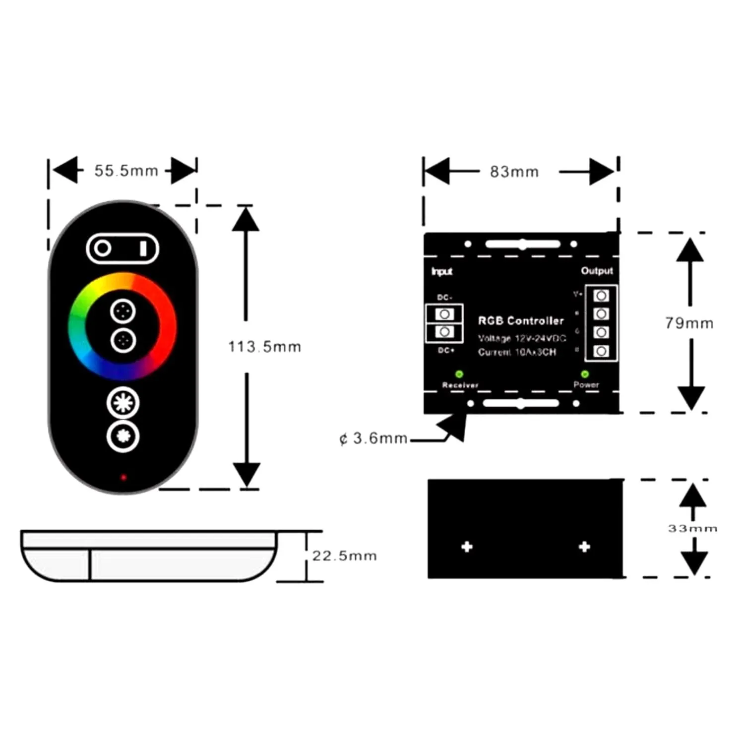 12V/24V RGB LED Strip Controller with Touch Remote 18A 3 Channel RGB LED Controller with RF Remote Control