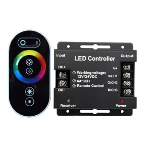 12V/24V RGB LED Strip Controller with Touch Remote 18A 3 Channel RGB LED Controller with RF Remote Control