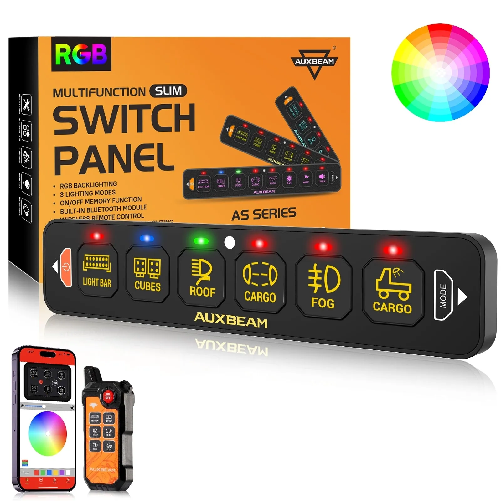 AS Series 4/6 Gang RGB Slim Switch Panel with APP&Remote Control, Toggle/ Momentary/ Pulsed Mode Supported(One-Sided Outlet)