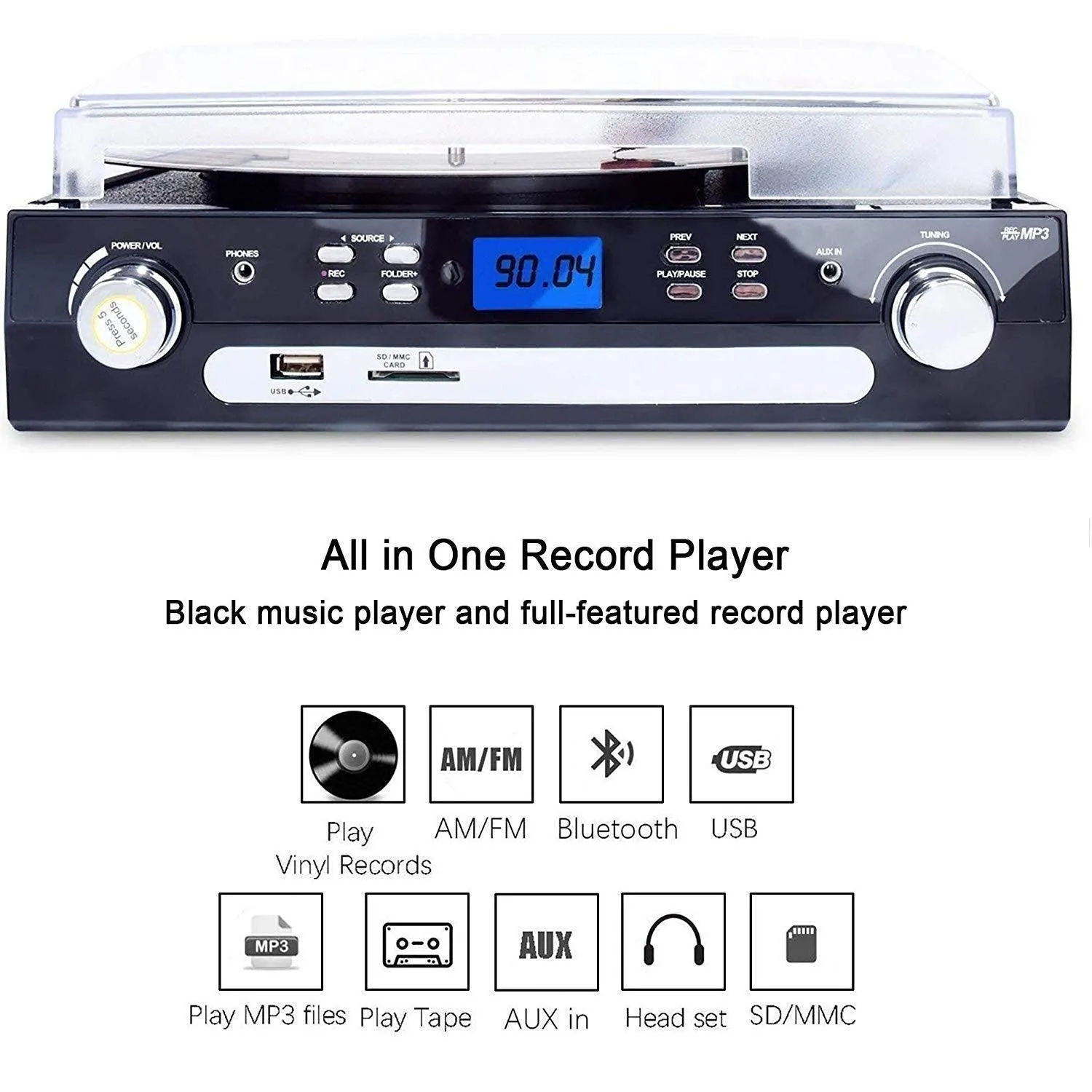 DIGITNOW Vinyl/LP Turntable Record Player, with Bluetooth, AM&FM Radio, Cassette Tape, Aux in, USB/SD Encoding & Playing MP3