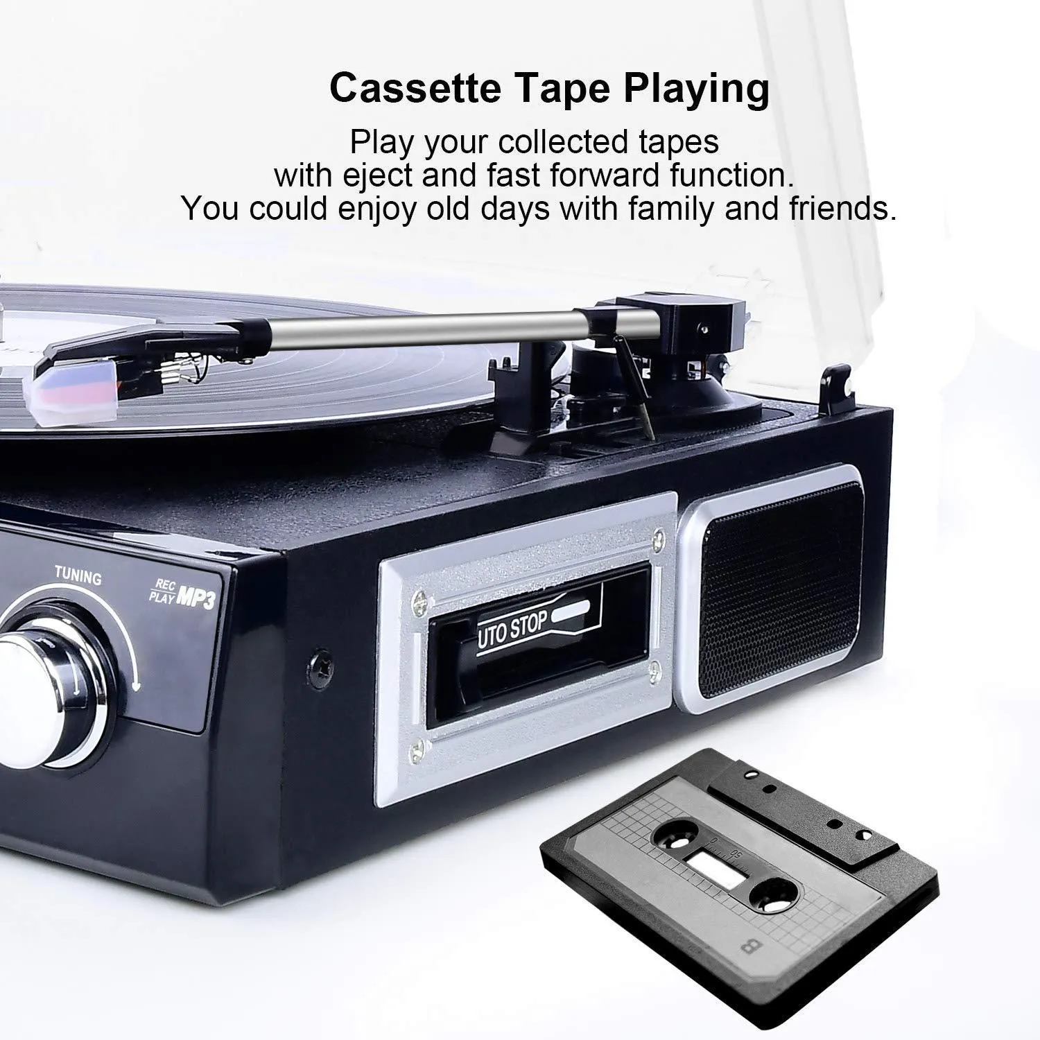 DIGITNOW Vinyl/LP Turntable Record Player, with Bluetooth, AM&FM Radio, Cassette Tape, Aux in, USB/SD Encoding & Playing MP3