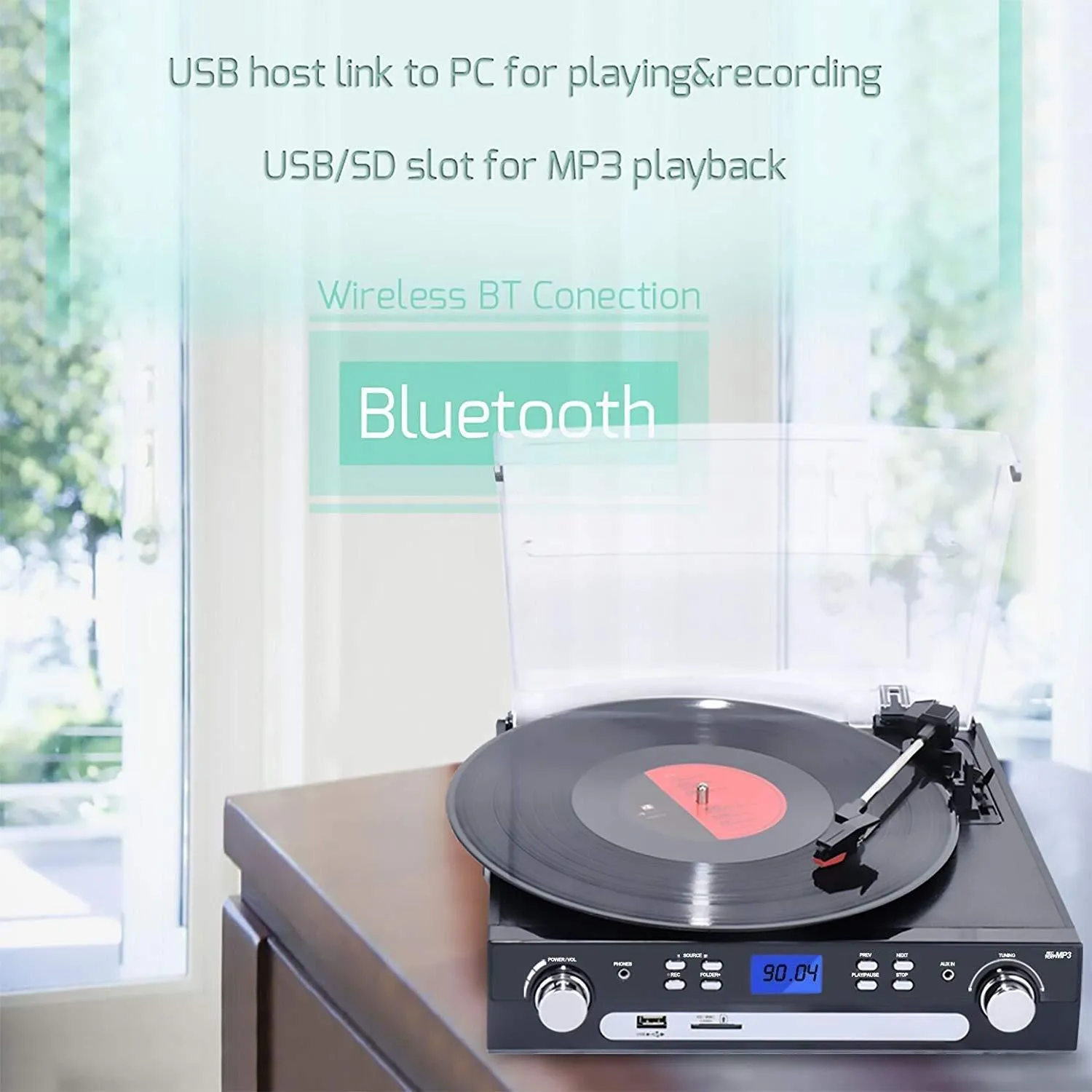 DIGITNOW Vinyl/LP Turntable Record Player, with Bluetooth, AM&FM Radio, Cassette Tape, Aux in, USB/SD Encoding & Playing MP3