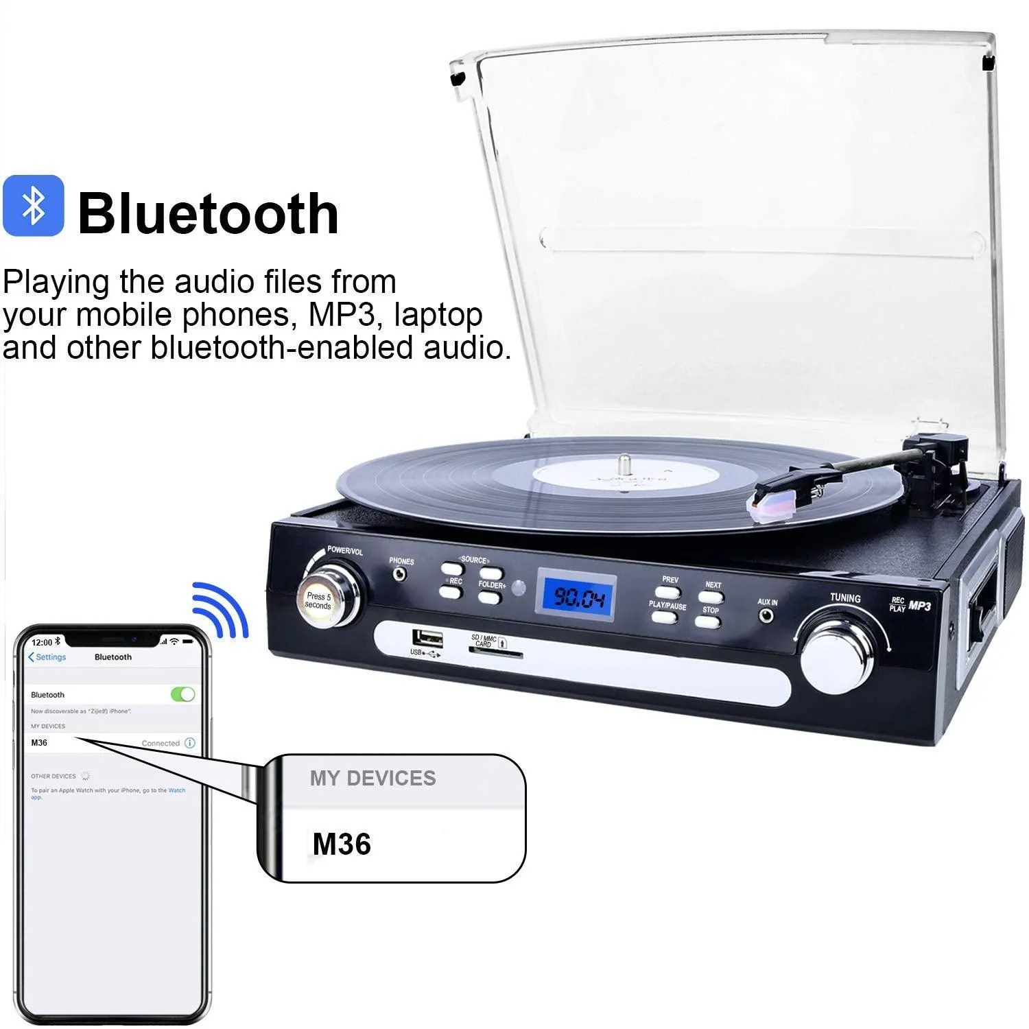 DIGITNOW Vinyl/LP Turntable Record Player, with Bluetooth, AM&FM Radio, Cassette Tape, Aux in, USB/SD Encoding & Playing MP3