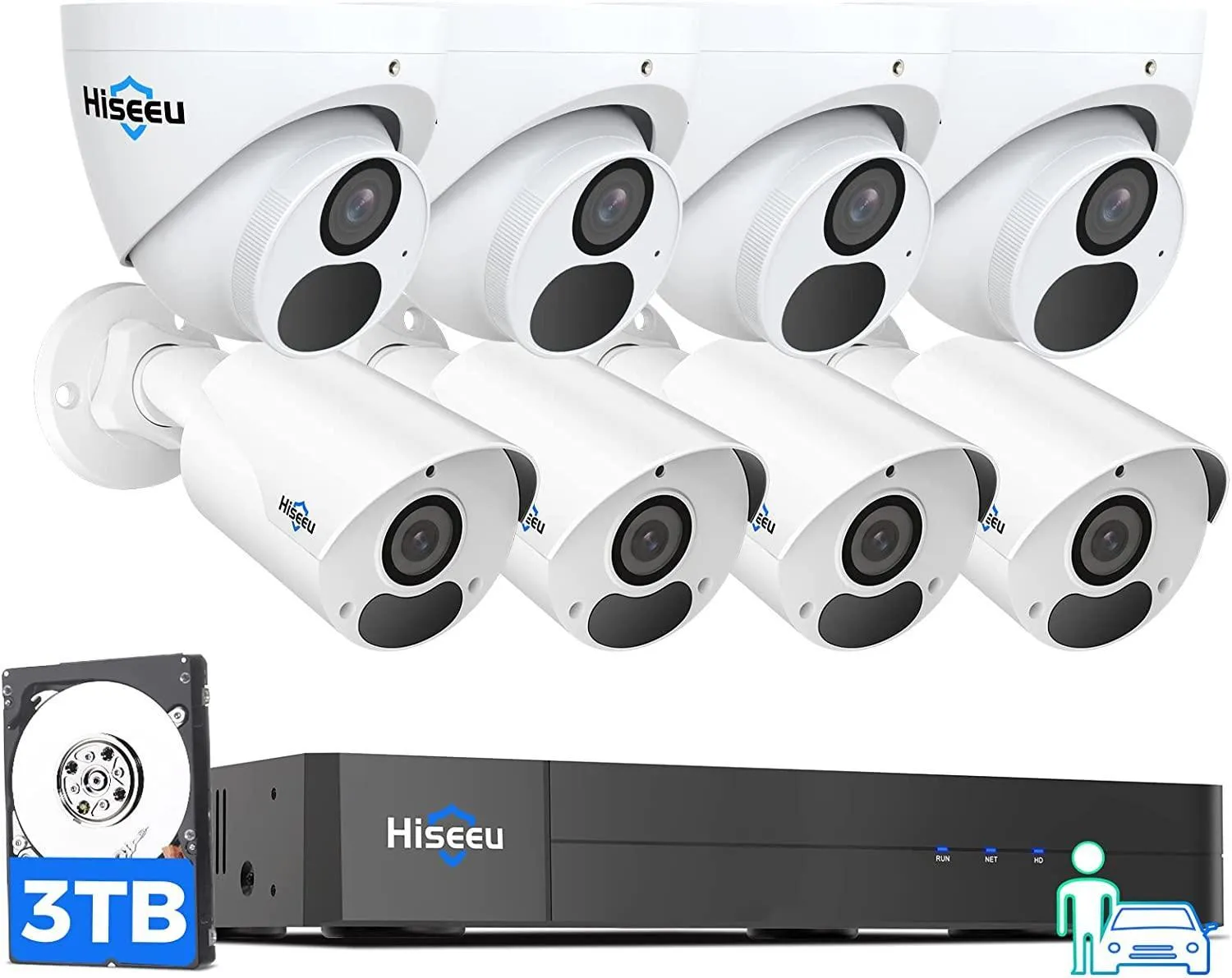 Hiseeu [121° View Angle  WDR] 4K PoE Security Camera System,8Pcs 8MP Dome/Bullet Cameras Indoor/Outdoor, Person/Human Detect, H.265 IP 67 Waterproof, 100ft Night Vision, 3TB HDD for Home 24/7 Recording