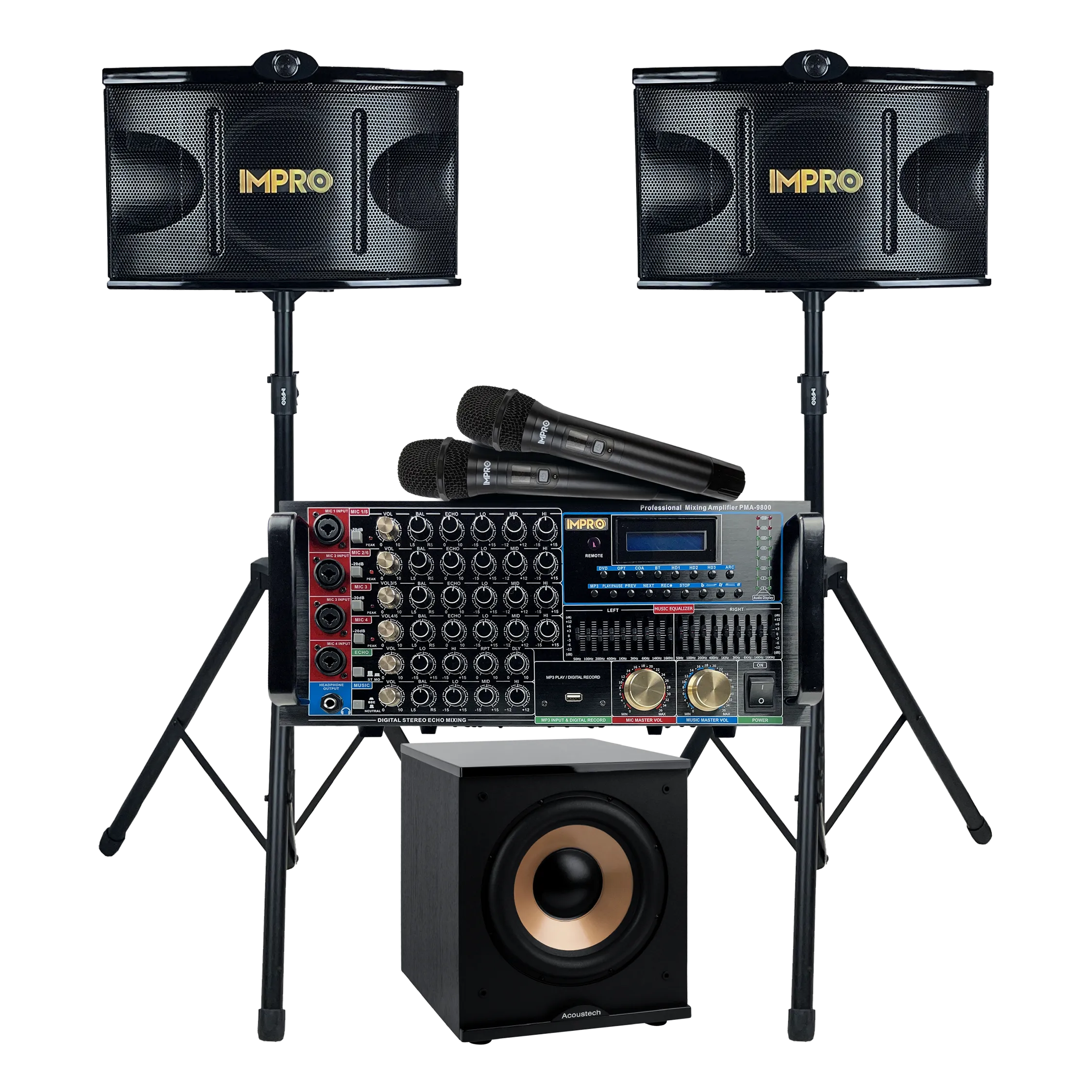 ImPro Epic Party Bundle 1 Plus with Mixing Amplifier, Speakers, Subwoofer, Microphones, and Accessories (6 Items)