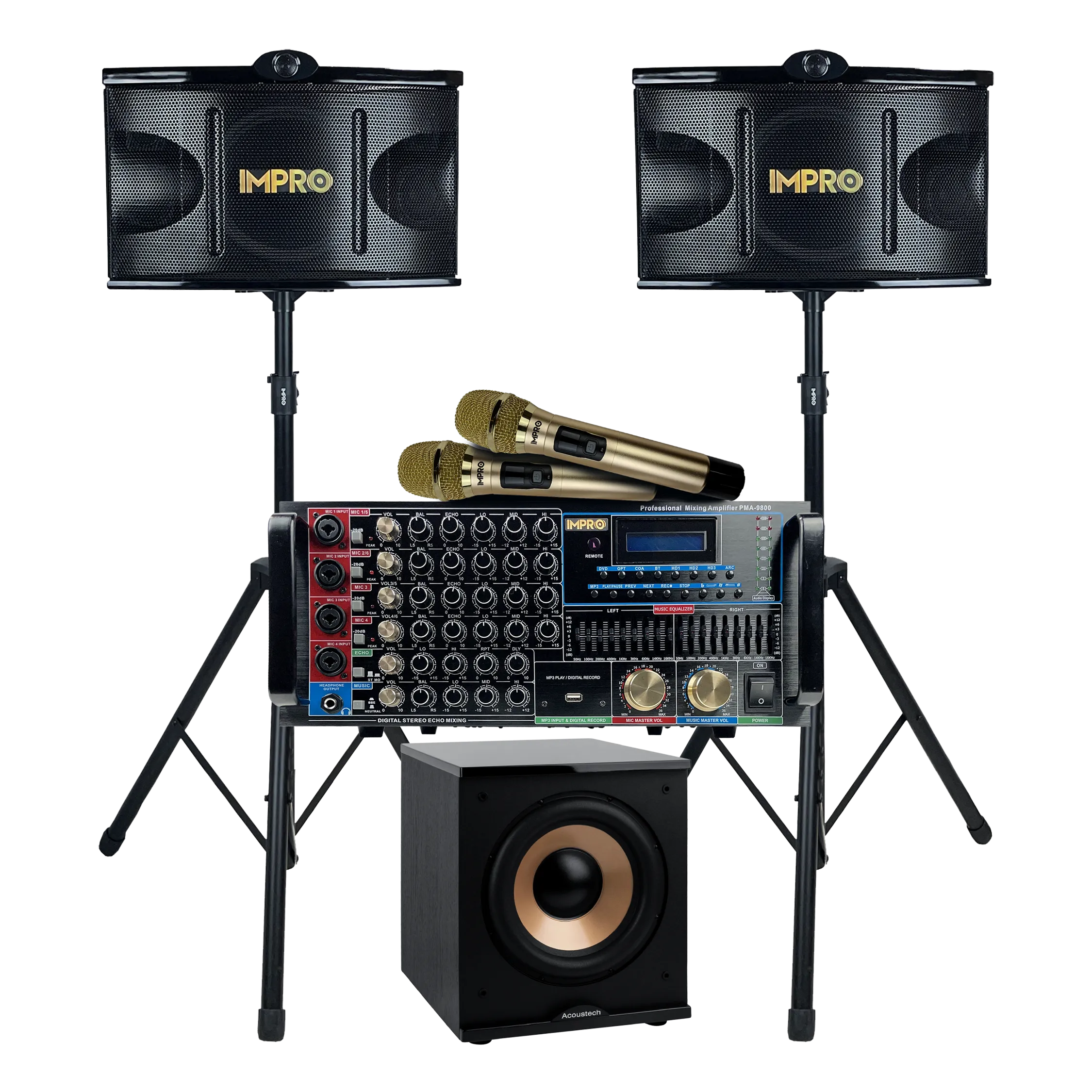 ImPro Epic Party Bundle 1 Plus with Mixing Amplifier, Speakers, Subwoofer, Microphones, and Accessories (6 Items)