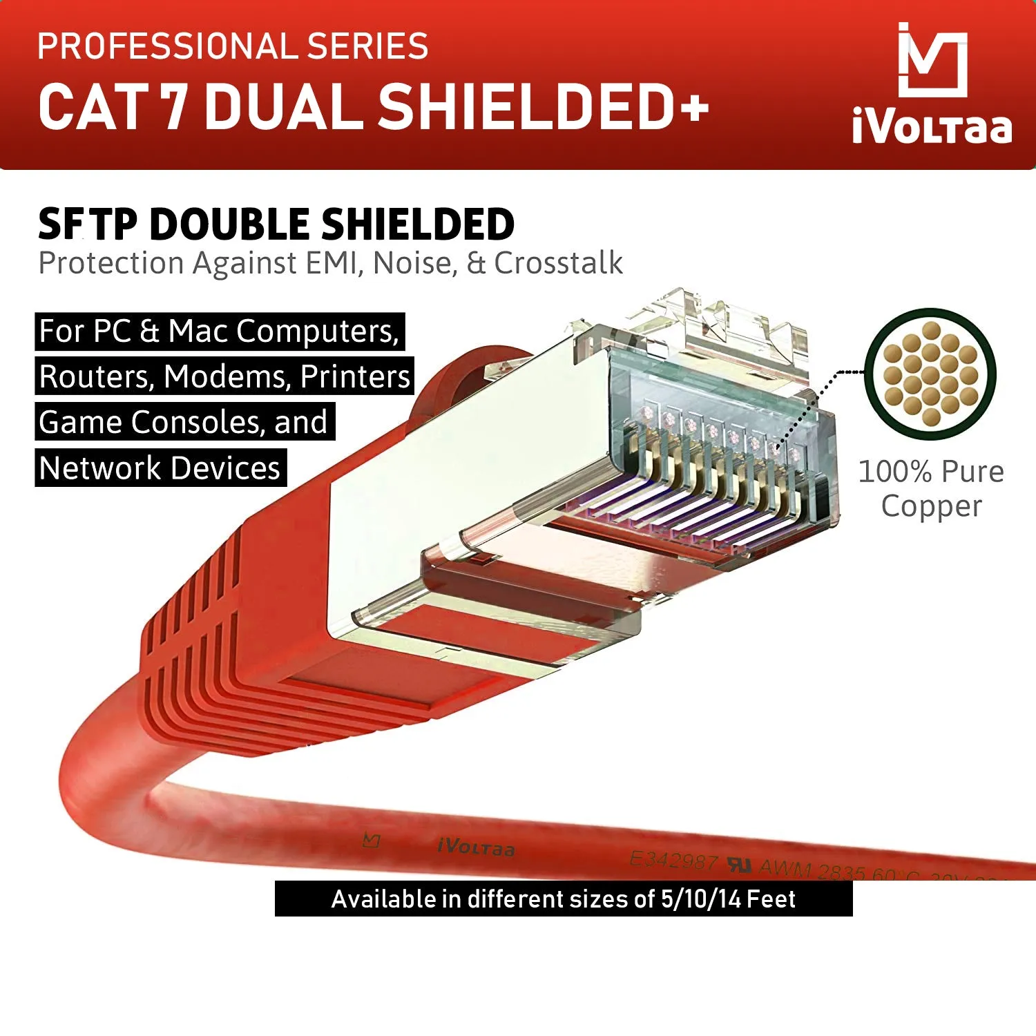 iVoltaa Bare Copper Ethernet CAT7 (SSTP) 10Gb/Sec 600MHZ with RJ45 Connectors