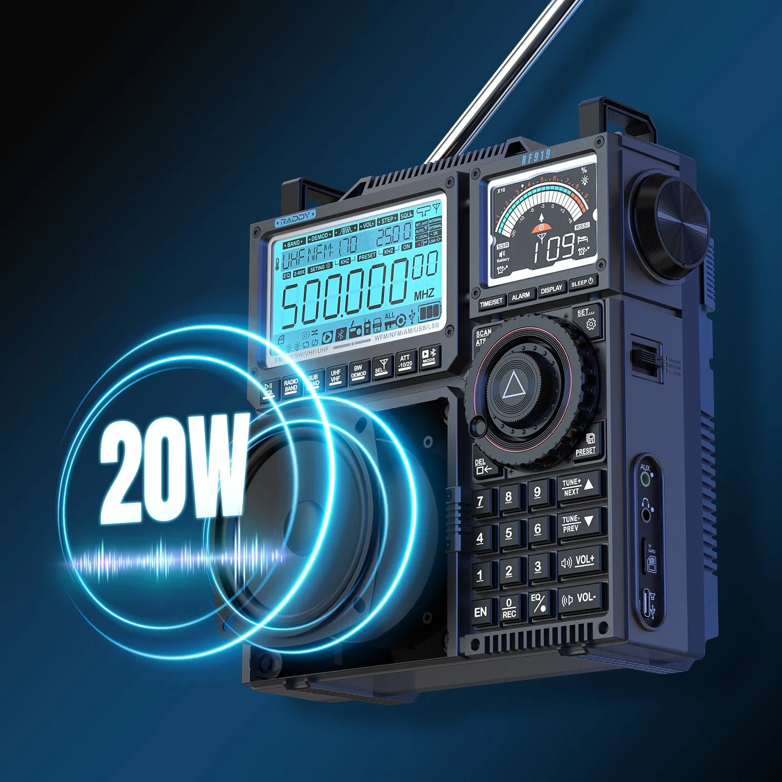 Raddy RF919 Shortwave Radio | Full Band Receiver with SSB | 20W Bluetooth 5.1 | APP Remote Control | Antenna Tuner | 5000mAh Battery | Dual Screens