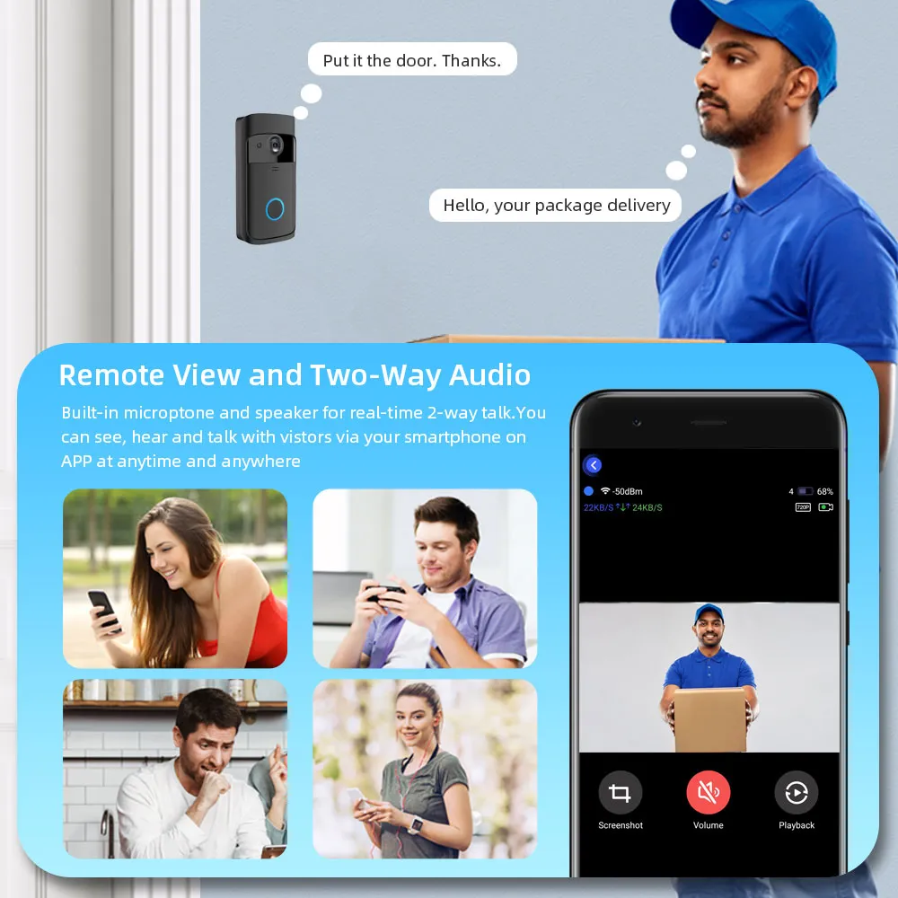 Smart Doorbell Camera Wifi Wireless Video Doorbell Call Intercom for Apartments Door Bell with Free Cloud Storage Home WiFi Bell